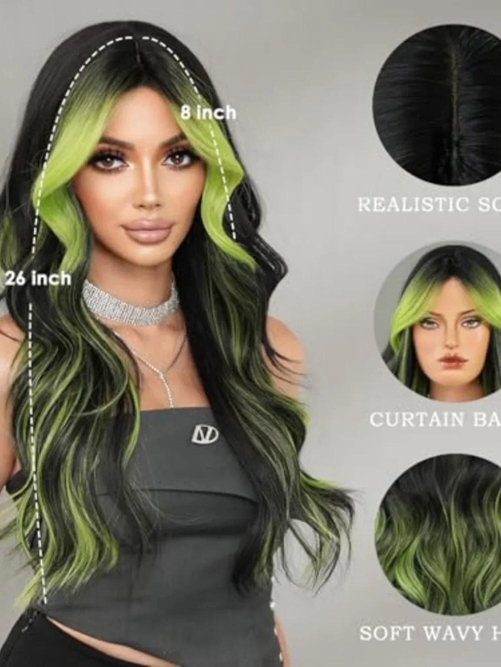 Black Wig Green Highlight Long Wavy Wig with Curtain Bang 26 Inch Ombre Black